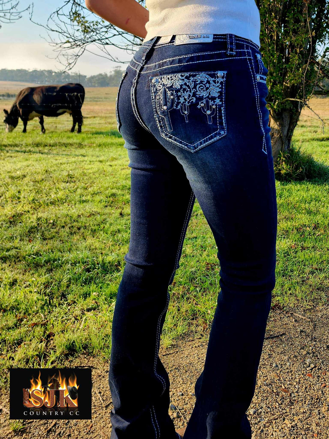 Grace in LA Mid Rise Western Dark Cactus Lace Jeans