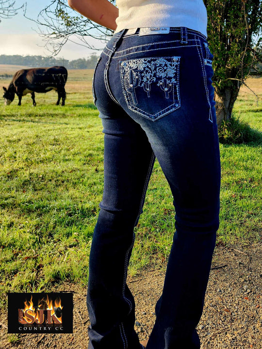Grace in LA Mid Rise Western Dark Cactus Lace Jeans