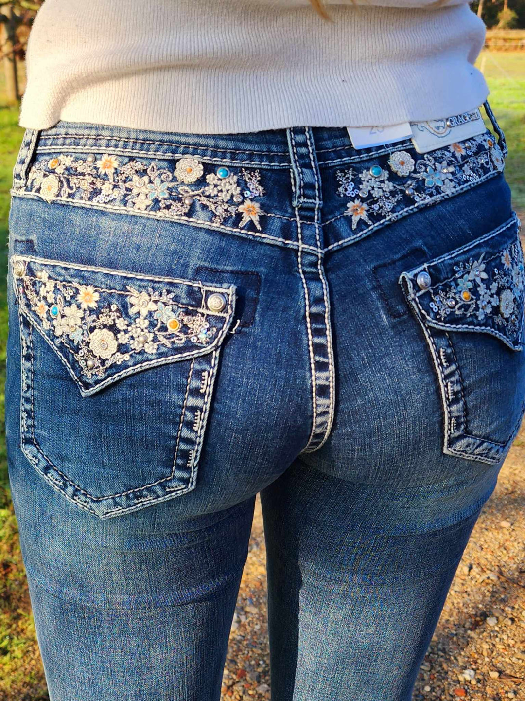 Grace in LA Mid Rise Western Floral Yoke & Pcoket  32" Leg Jeans