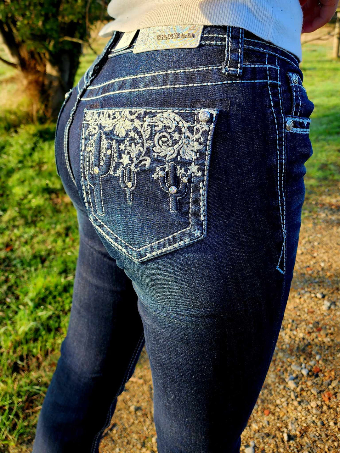 Grace in LA Mid Rise Western Dark Cactus Lace Jeans