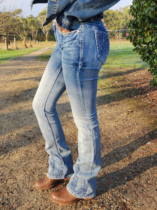 Grace in LA Mid Rise Western Tribal Pocket & Leg Jeans