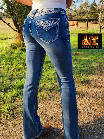 Grace in LA Mid Rise Western Floral Yoke & Pcoket  32" Leg Jeans