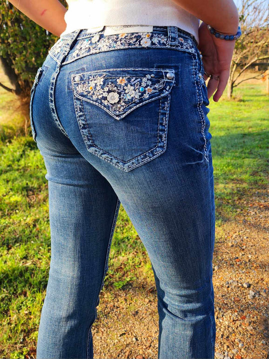 Grace in LA Mid Rise Western Floral Yoke & Pcoket  32" Leg Jeans