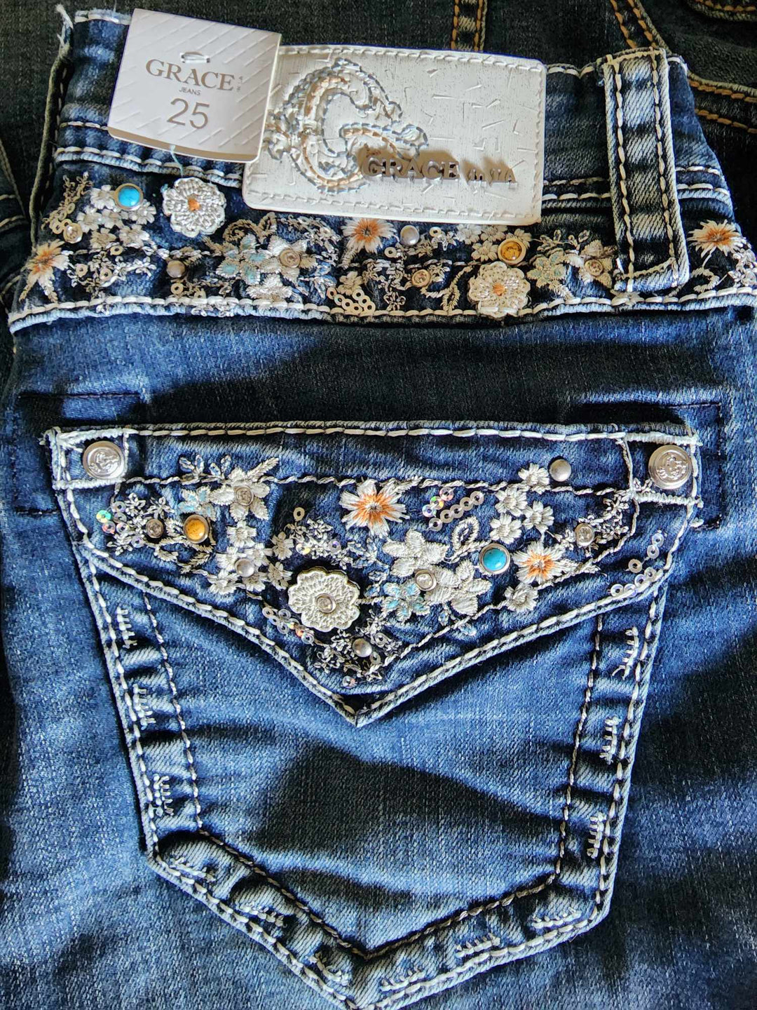 Grace in LA Mid Rise Western Floral Yoke & Pcoket  32" Leg Jeans