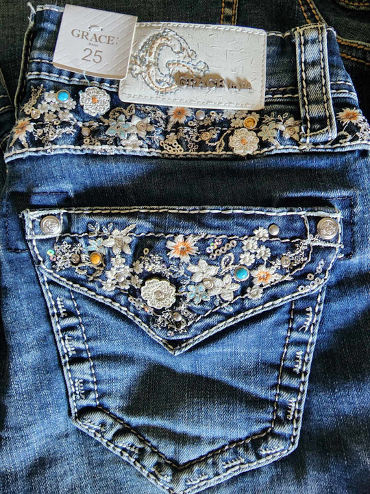 Grace in LA Mid Rise Western Floral Yoke & Pcoket  32" Leg Jeans