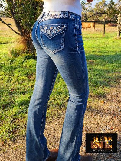 Grace in LA Mid Rise Western Floral Yoke & Pcoket  32" Leg Jeans