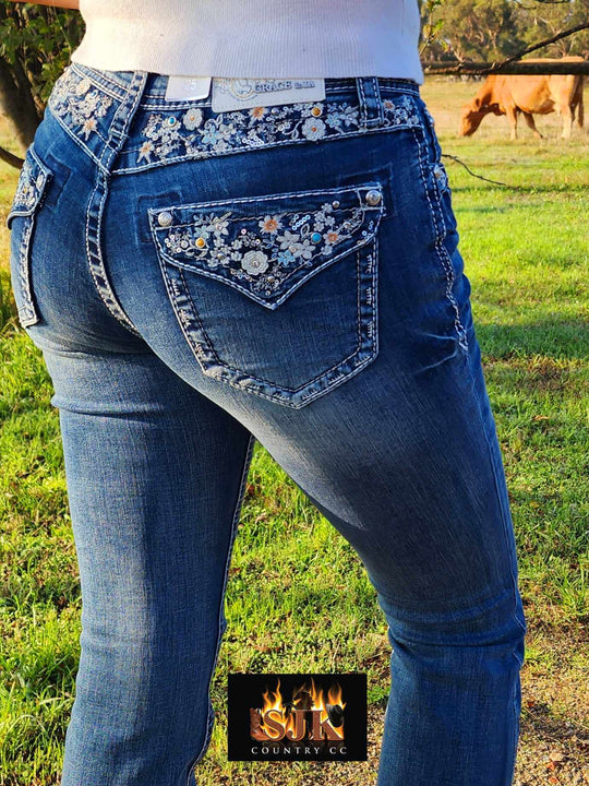 Grace in LA Mid Rise Western Floral Yoke & Pcoket  32" Leg Jeans