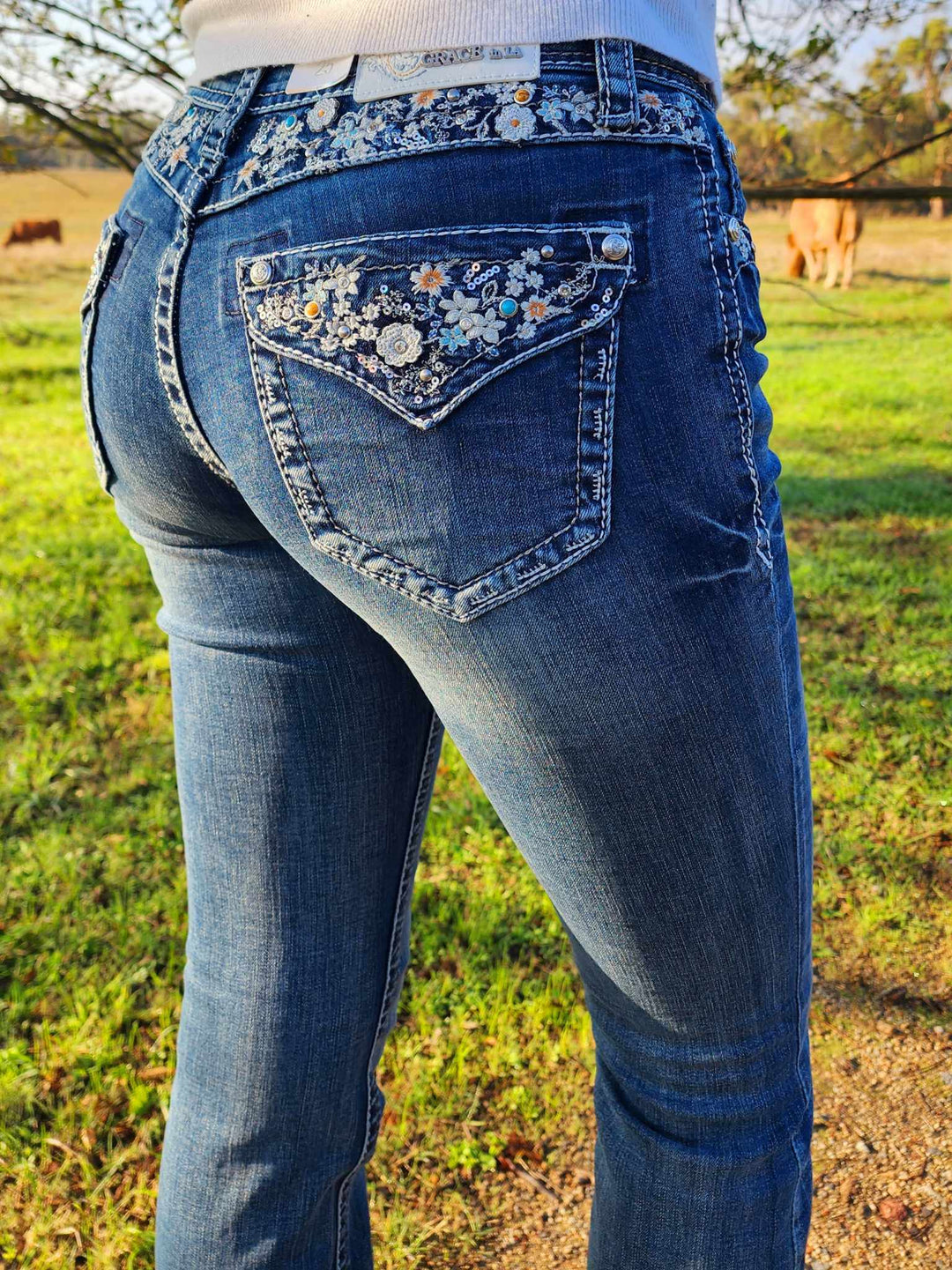 Grace in LA Mid Rise Western Floral Yoke & Pcoket  32" Leg Jeans
