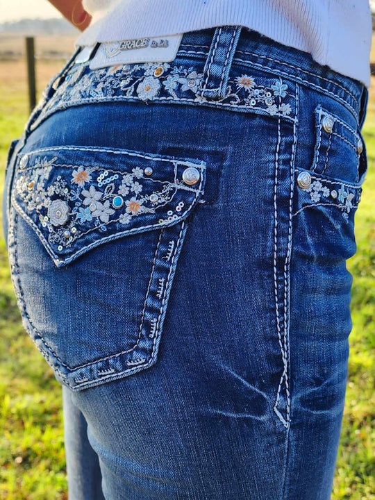 Grace in LA Mid Rise Western Floral Yoke & Pcoket  32" Leg Jeans