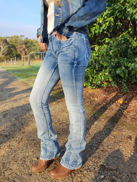 Grace in LA Mid Rise Western Tribal Pocket & Leg Jeans