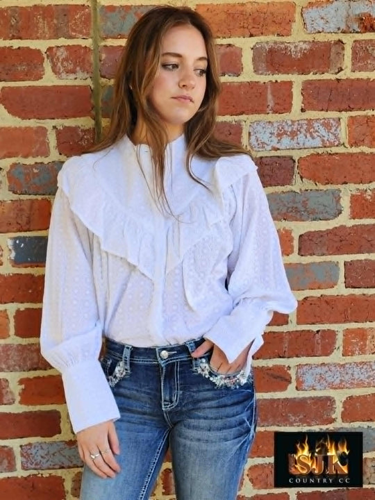 Pure Western Ladies Savannah Shirt White Cotton Frill