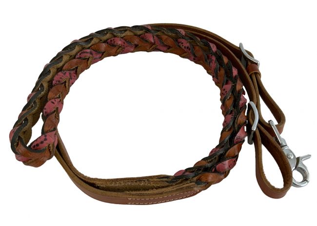 Reins -   8' Barrel/ Roping Contestant Reins Miracle Braided Leather Pink