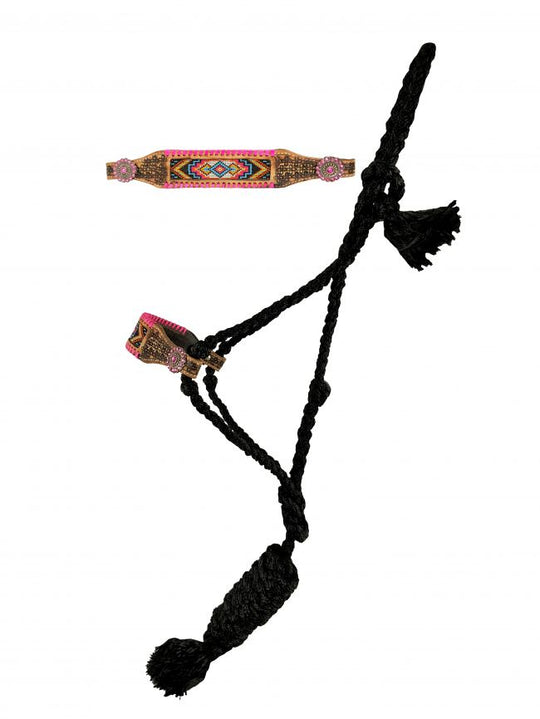 Halter - Mule Tape Cowgirl Halter Leather Nose Pink Beaded
