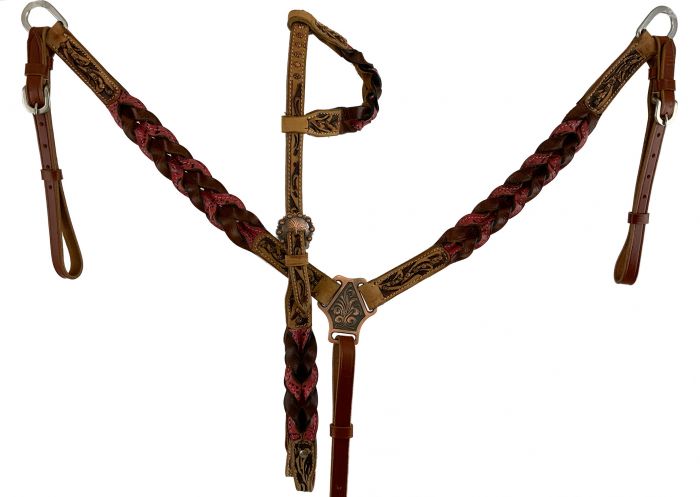 Western Tack Set - Browband Braided  Leather Bridle & Breastcollar Pink