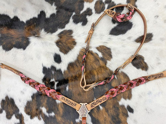Western Tack Set - Browband Braided  Leather Bridle & Breastcollar Pink