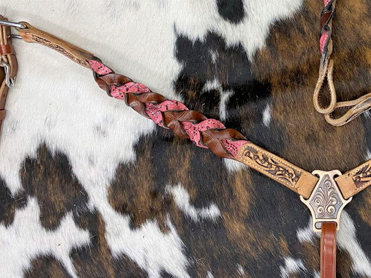 Western Tack Set - Browband Braided  Leather Bridle & Breastcollar Pink