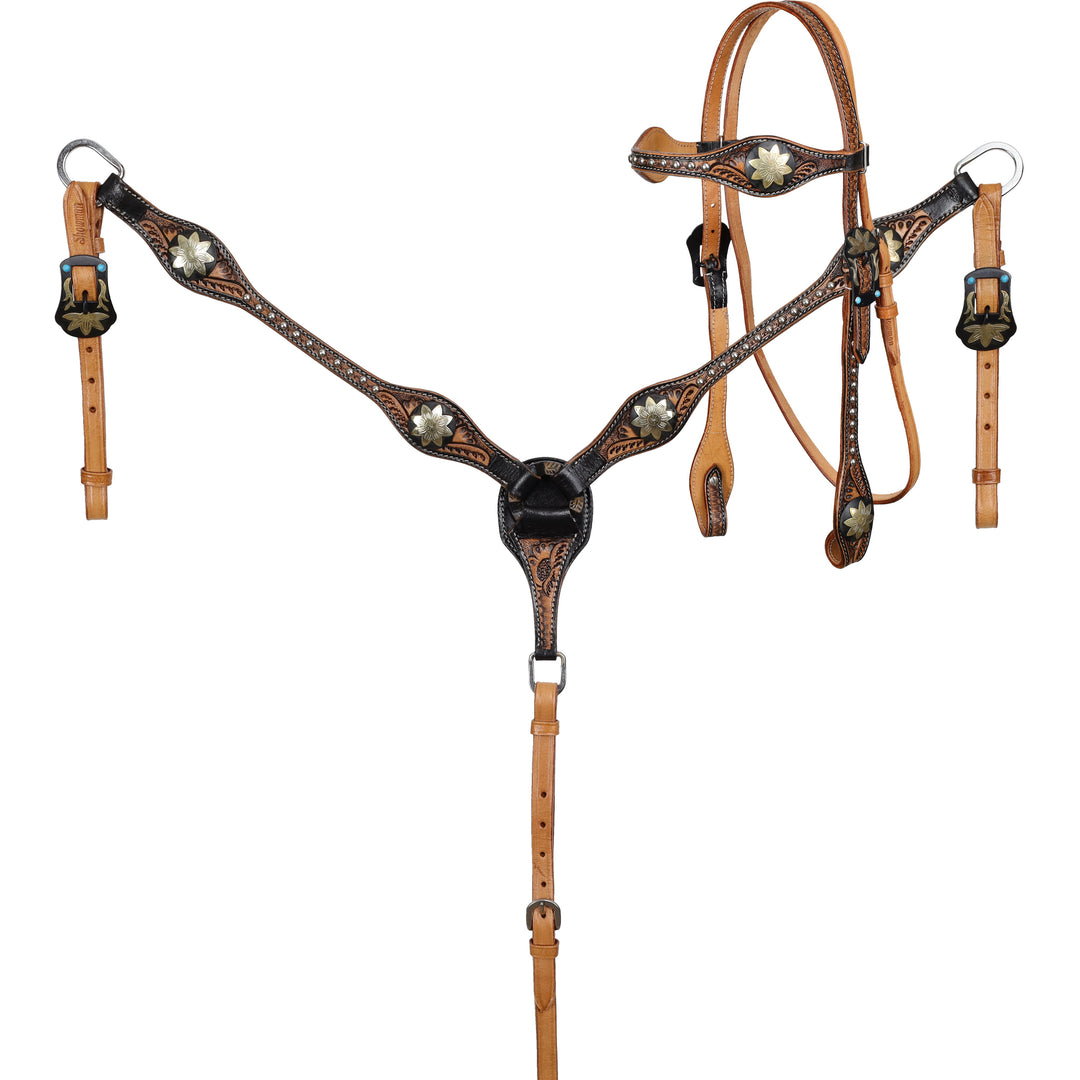 Western Tack Set - Browband Floral  Leather Bridle & Breastcollar