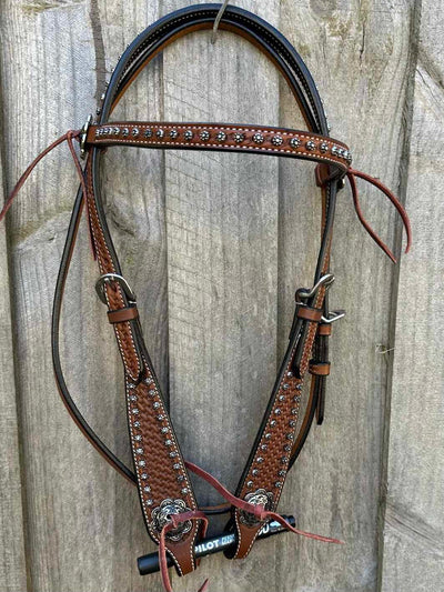 Western Bridle Browband Basket Tooled Silver Dot Headstall