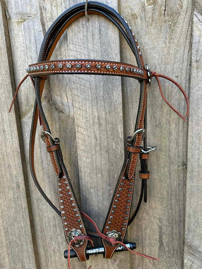 Western Bridle Browband Basket Tooled Silver Dot Headstall
