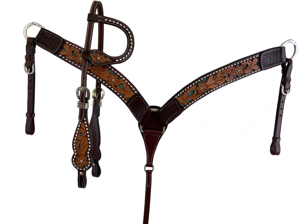 Western Tack Set - Bridle and Breastcollar Tooled Tack set with Teal Inlay