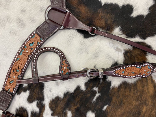 Western Tack Set - Bridle and Breastcollar Tooled Tack set with Teal Inlay
