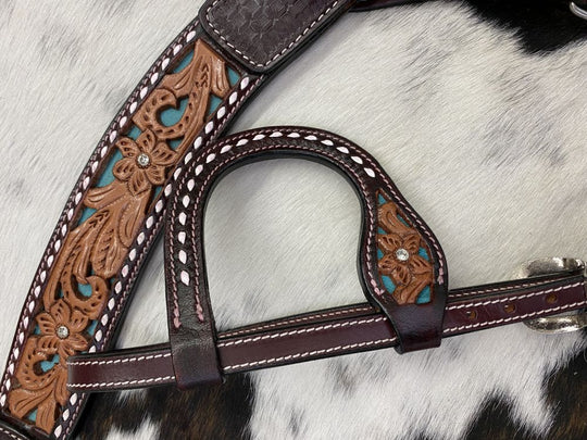 Western Tack Set - Bridle and Breastcollar Tooled Tack set with Teal Inlay