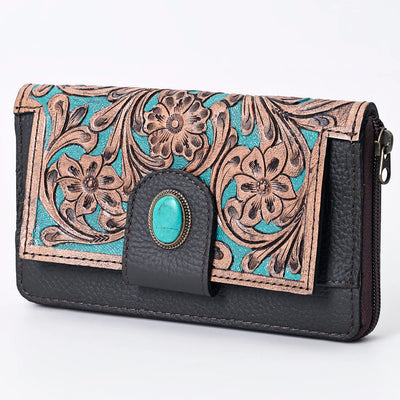 Genuine Leather Tooled Turquiose Inlay  Wallet