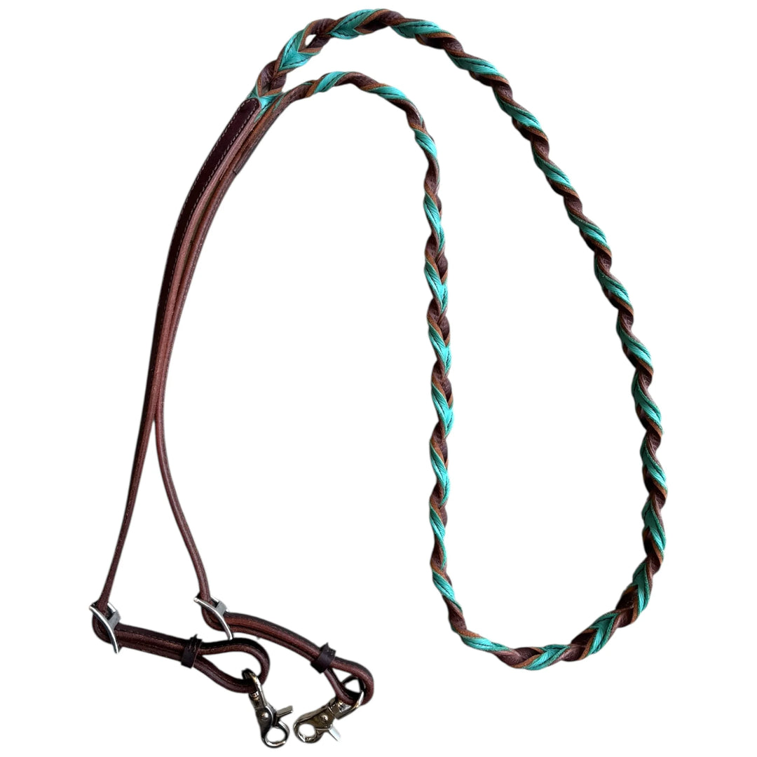 Reins -   8' Barrel/ Roping Contestant Reins  Braided Leather Turquoise