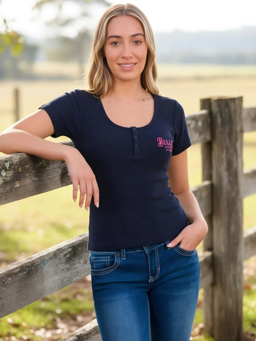 Bullzye Ladies Freda Henley Tee Shirt Top Navy