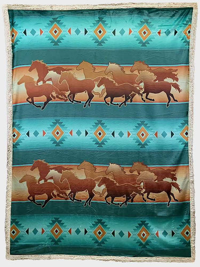 Warm Sherpa Lined Horse Tribal Print Throw Rug Blanket