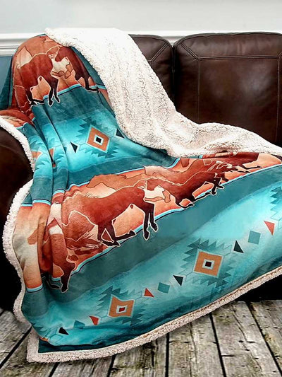 Warm Sherpa Lined Horse Tribal Print Throw Rug Blanket