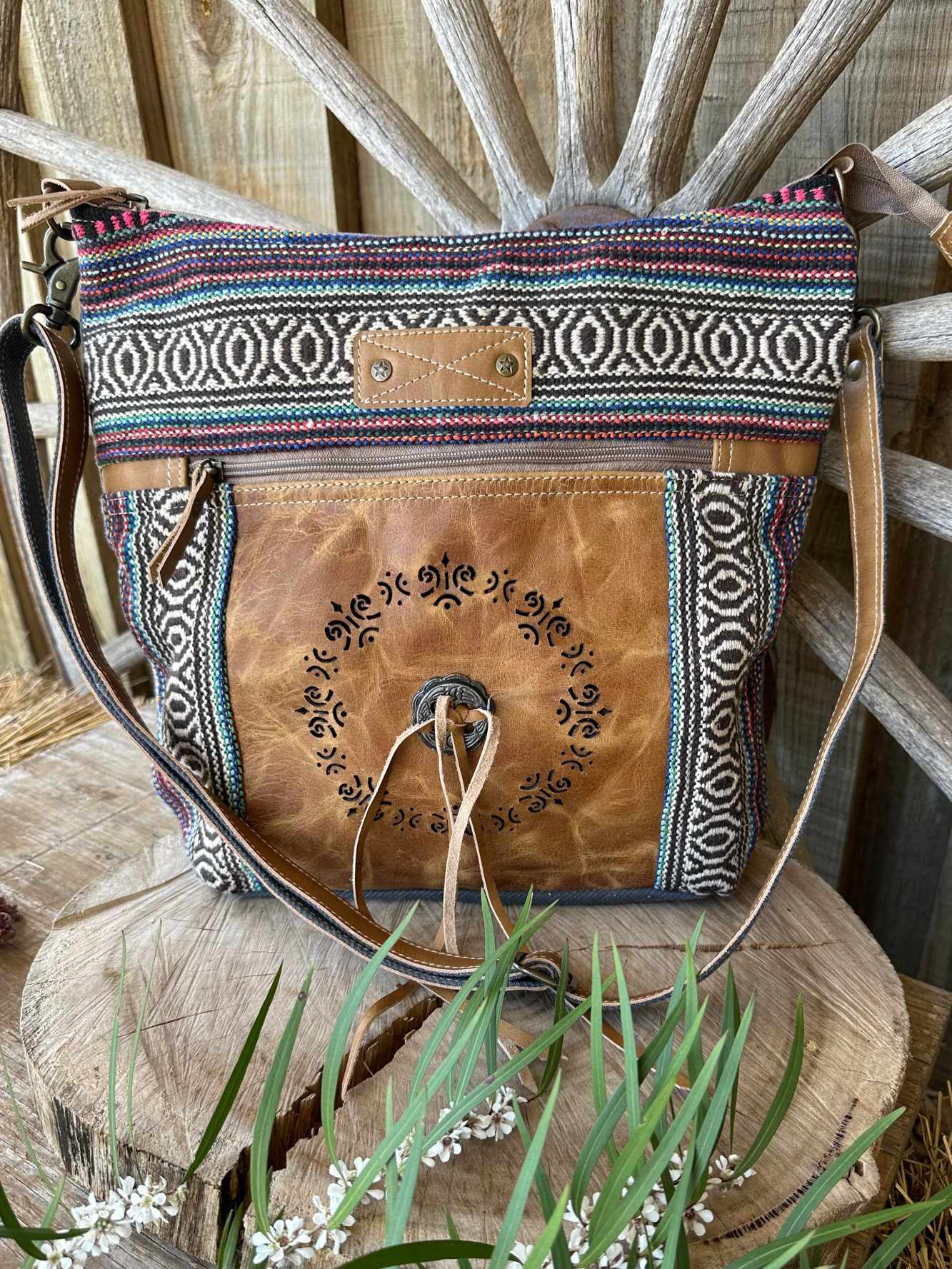 Western Leather & Canvas Crossbody Bag