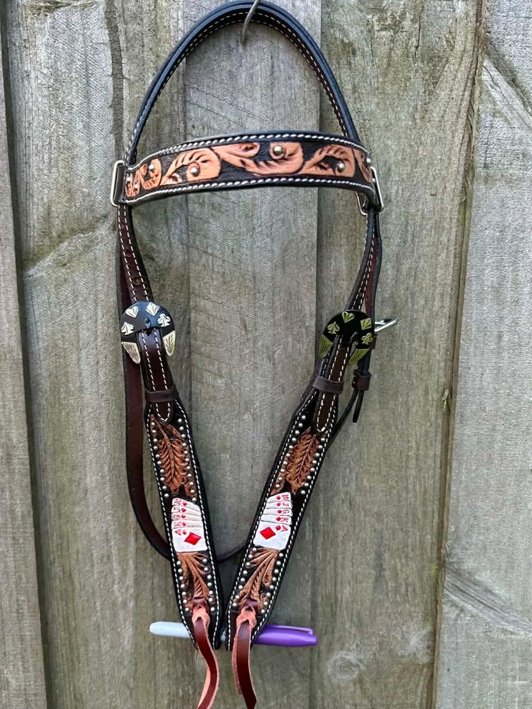 Western Bridle  Browband Tooled Royal Flush Design