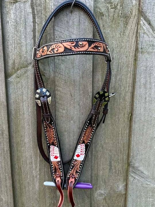 Western Bridle  Browband Tooled Royal Flush Design