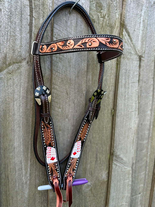 Western Bridle  Browband Tooled Royal Flush Design