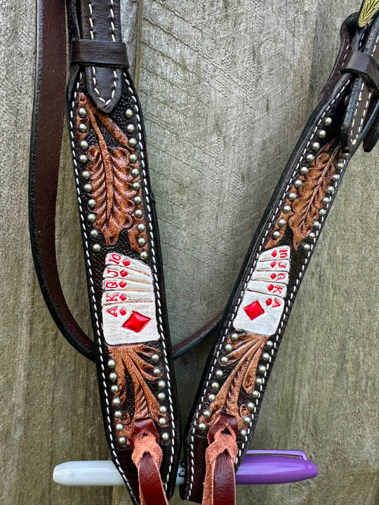 Western Bridle  Browband Tooled Royal Flush Design