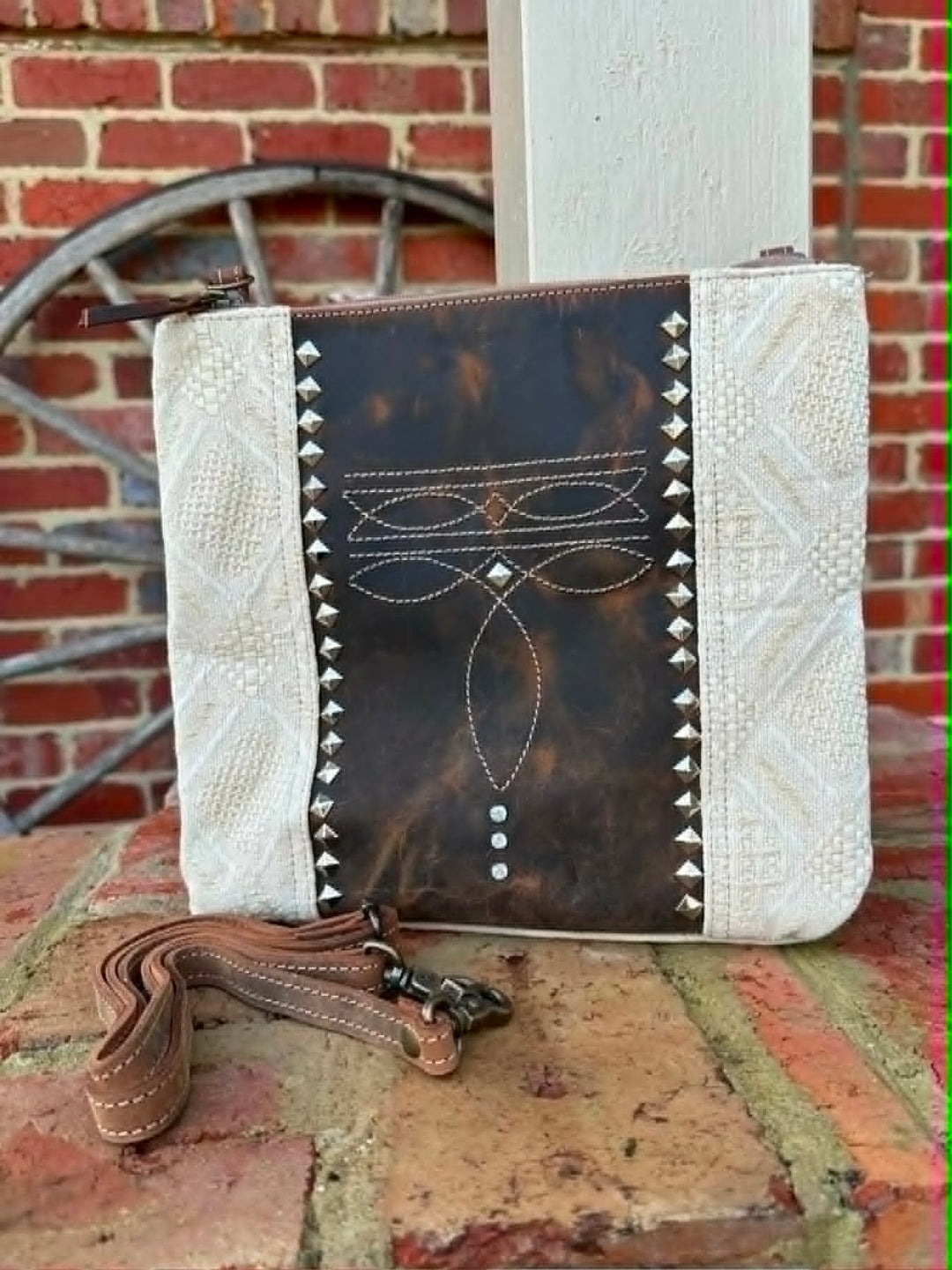 Western Leather Boot Stitch Canvas Crossbody Handbag