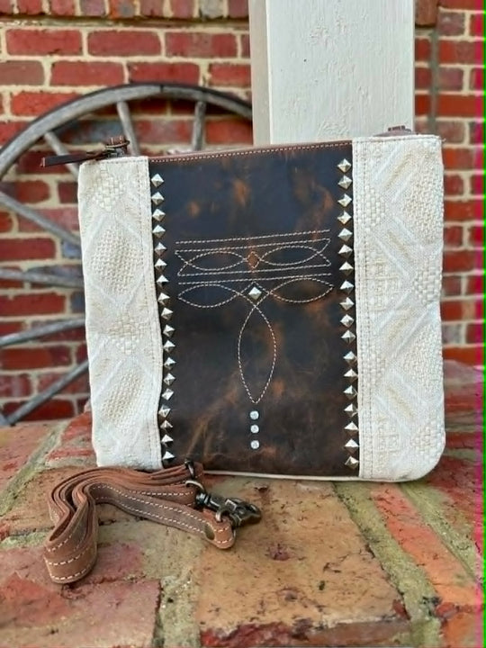 Western Leather Boot Stitch Canvas Crossbody Handbag
