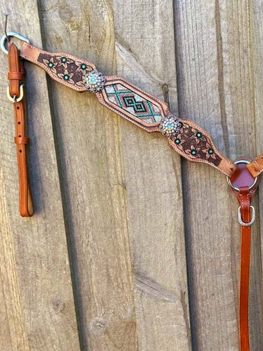 Western Tack Set - Floral Tooled Tack set with Bead Inlay