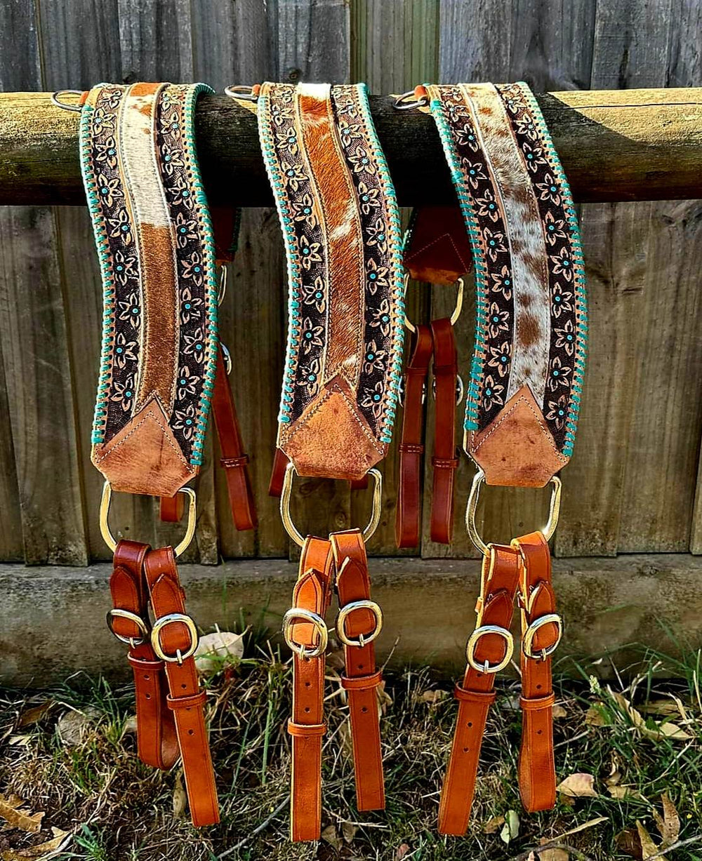 Western Tack set- Floral Embossed Headstall with Buckstitch trim W/ Reins, Breastcollar