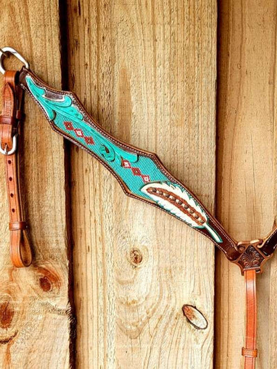 Breastcollar - Turquoise Beaded on Medium Leather Breastcollar with Hand Painted Feather