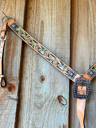 Breastcollar -  Belt Style Painted Floral Tooled Leather Breast Collar