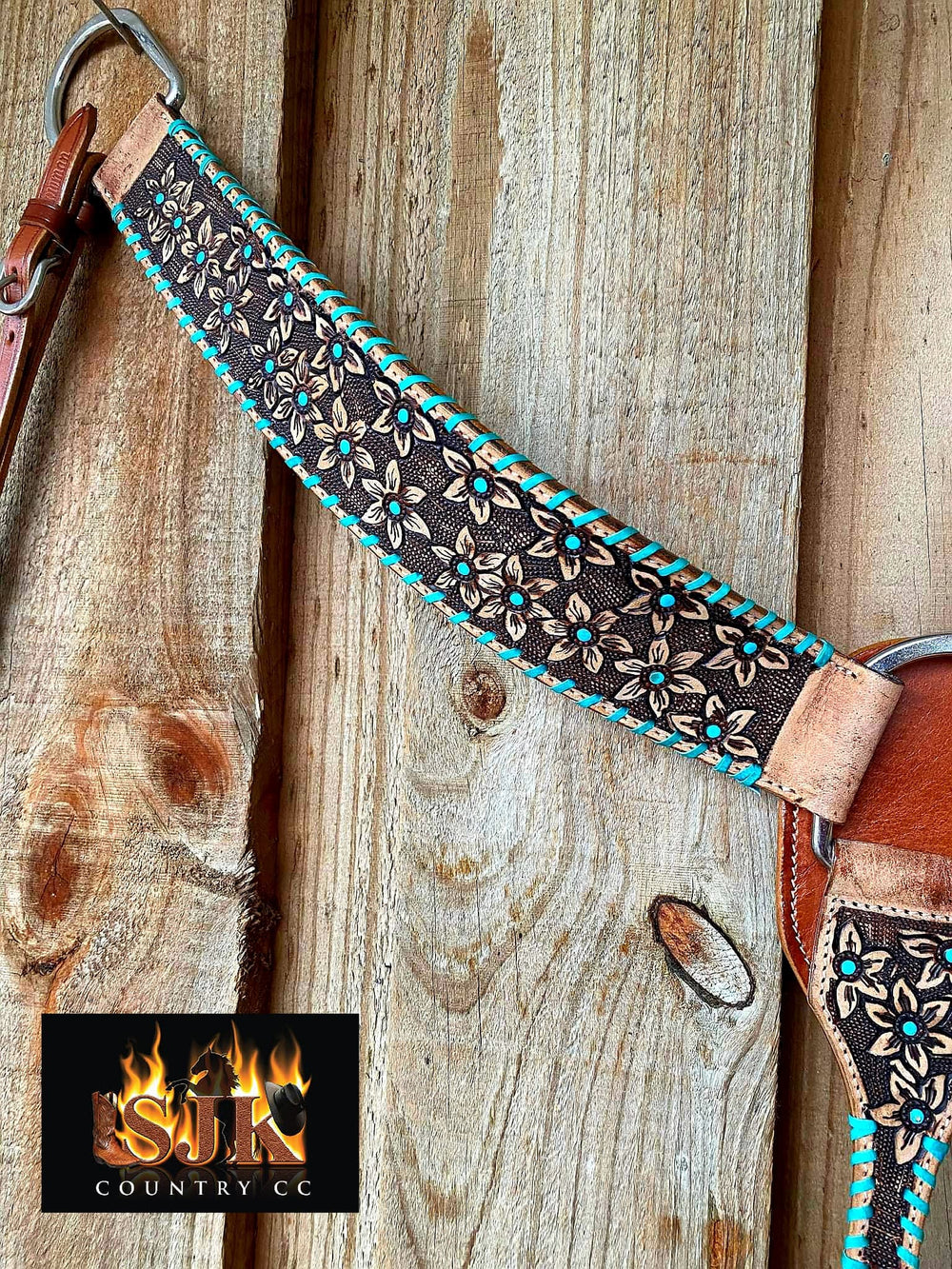 Western Tack set- Floral Embossed Headstall with Buckstitch trim W/ Reins, Breastcollar