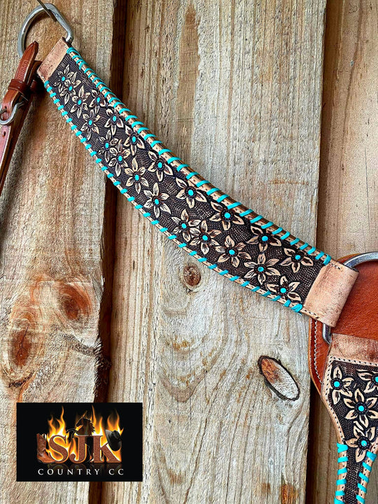 Western Tack set- Floral Embossed Headstall with Buckstitch trim W/ Reins, Breastcollar