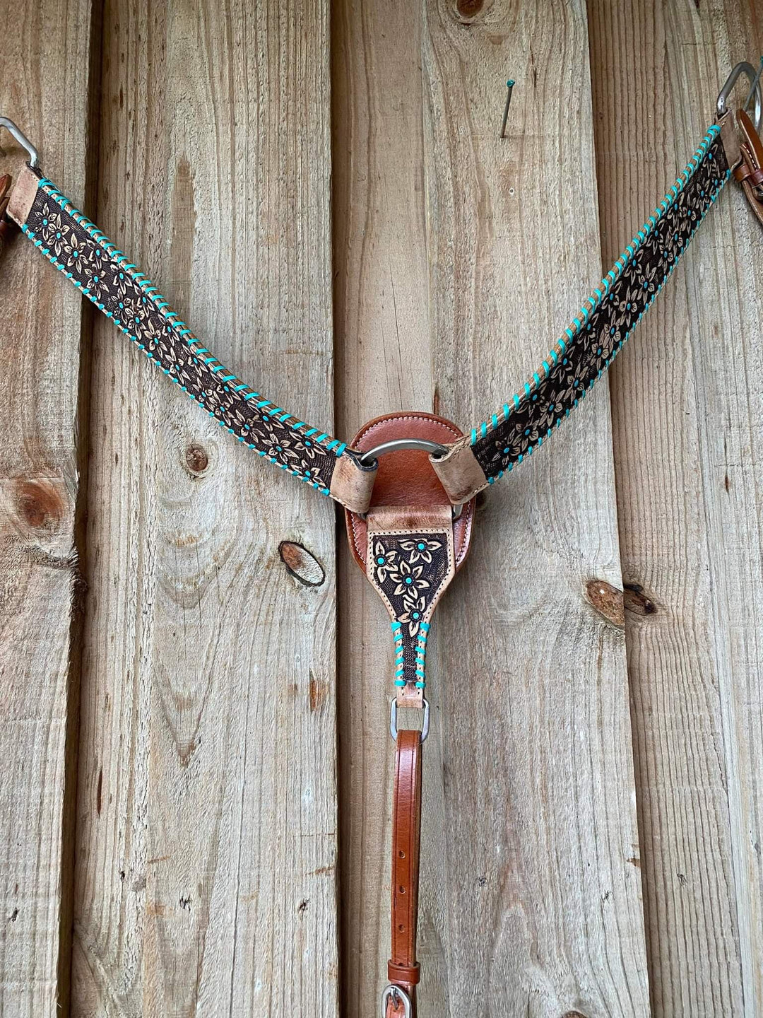 Western Tack set- Floral Embossed Headstall with Buckstitch trim W/ Reins, Breastcollar