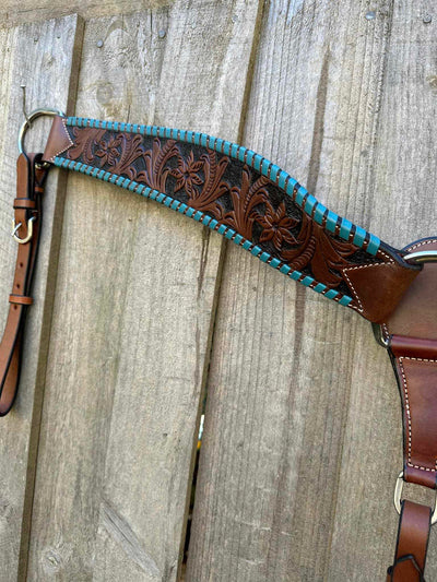 Western Tack Set - Floral Tooled Tack set with One Ear and Turquoise Trim