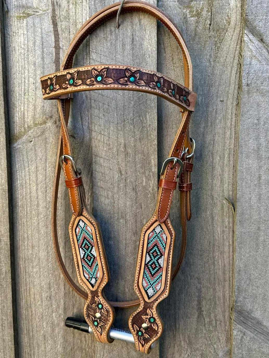 Western Tack Set - Floral Tooled Tack set with Bead Inlay