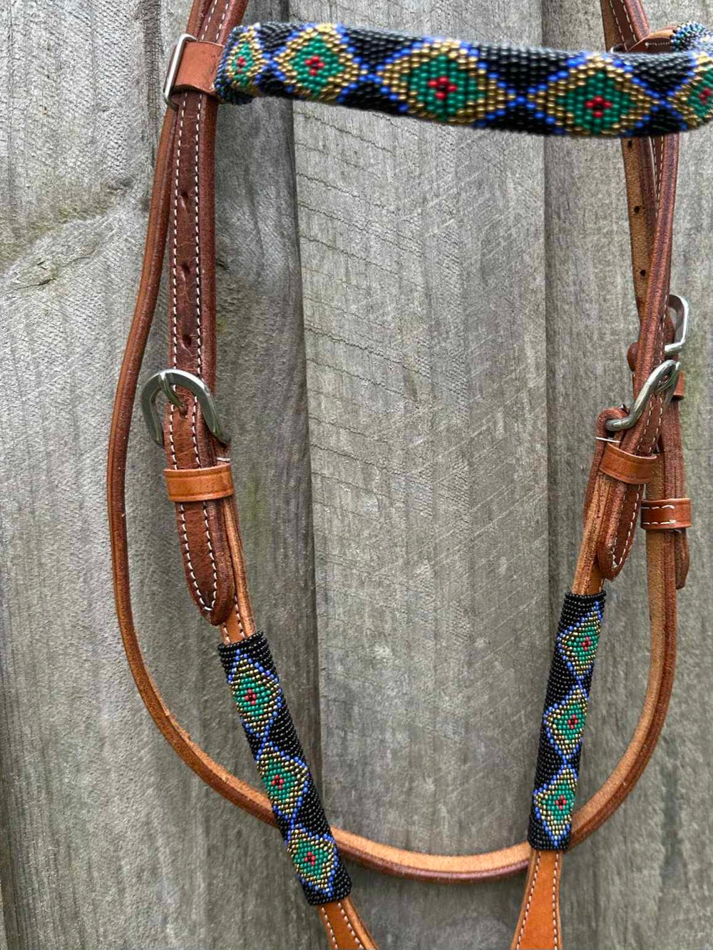Western Bridle Leather Beaded Browband Headstall