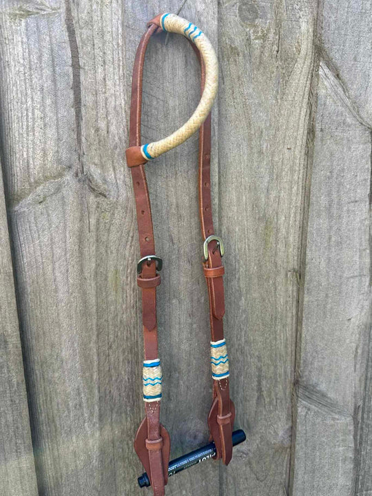 Western Bridle One Ear Teal Rawhide Accent