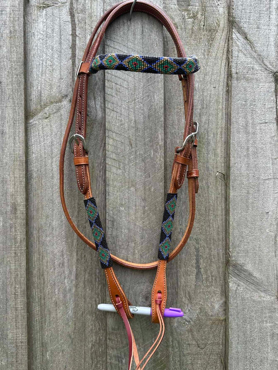 Western Bridle Leather Beaded Browband Headstall